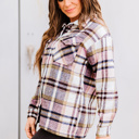  Pink Geometric Plaid Print Pocketed Shacket