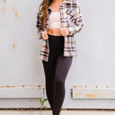  Pink Geometric Plaid Print Pocketed Shacket