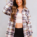  Pink Geometric Plaid Print Pocketed Shacket