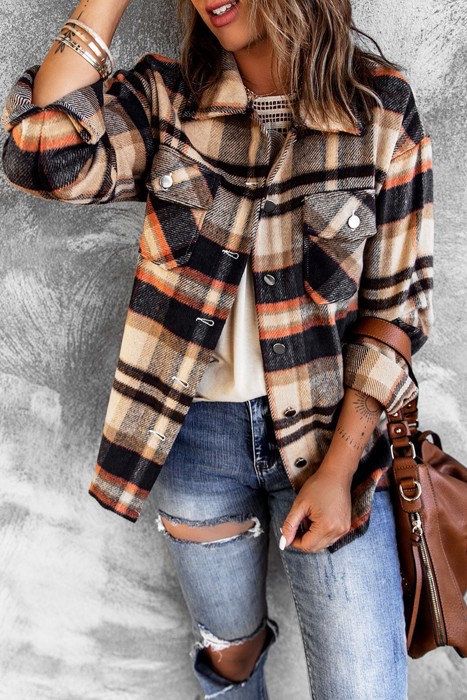 Geometric Plaid Print Pocketed Shacket