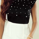  Black Pearls Beaded Shoulder Pad Crew Neck Top