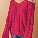  Rose Bubblegum V-Neck Braided Knit Sweater