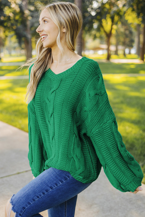 Green Bubblegum V-Neck Braided Knit Sweater