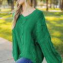  Green Bubblegum V-Neck Braided Knit Sweater