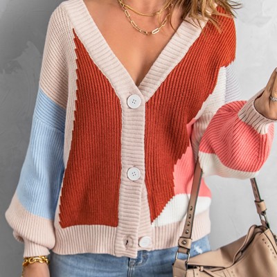 Color Block Button V Neck Sweater Cardigan