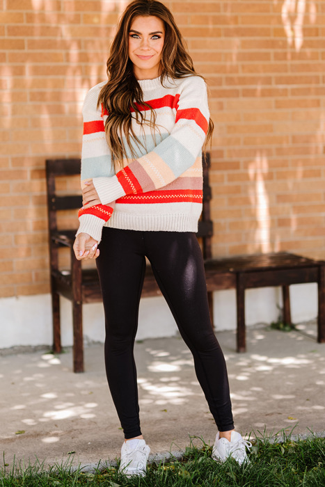 Crew Neck Drop-Shoulder Striped Sweater