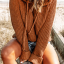  Brown Knitted Drawstring Hooded Sweater