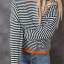  Contrast Trimmed Striped Drop Shoulder Sweater