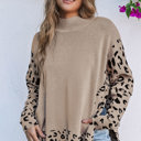  Khaki Leopard High Neck Side Slit Oversized Sweater