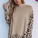  Khaki Leopard High Neck Side Slit Oversized Sweater