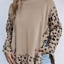  Khaki Leopard High Neck Side Slit Oversized Sweater