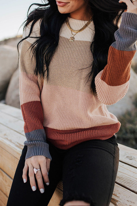 Khaki Knitted Colorblock Sweater