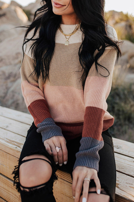 Khaki Knitted Colorblock Sweater