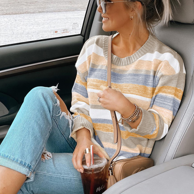 Stripe Color Block Ribbed Edge Round Neck Sweater