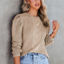  Ribbed Pattern Puff Sleeve Sweater