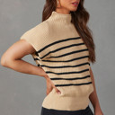  Parchment Striped Ribbed Knit High Neck Sweater