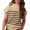  Parchment Striped Ribbed Knit High Neck Sweater