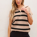  Stripe Zipped Collar Short Sleeve Sweater