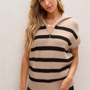  Stripe Zipped Collar Short Sleeve Sweater