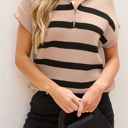 Stripe Zipped Collar Short Sleeve Sweater