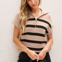  Stripe Zipped Collar Short Sleeve Sweater