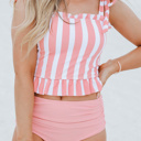  Pink Tie Shoulder Striped Cute Tankini Set