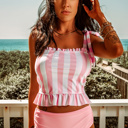  Pink Tie Shoulder Striped Cute Tankini Set