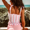  Pink Tie Shoulder Striped Cute Tankini Set