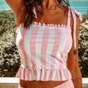 Pink Tie Shoulder Striped Cute Tankini Set