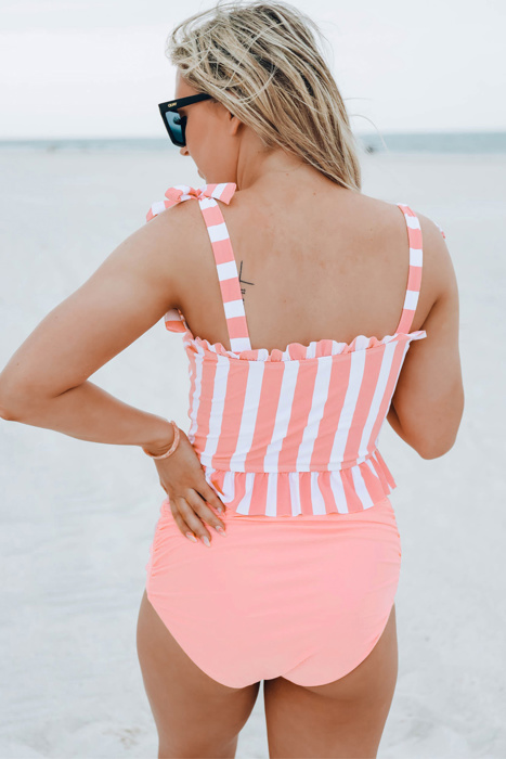 Pink Tie Shoulder Striped Cute Tankini Set