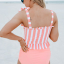  Pink Tie Shoulder Striped Cute Tankini Set