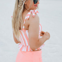  Pink Tie Shoulder Striped Cute Tankini Set