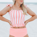  Pink Tie Shoulder Striped Cute Tankini Set