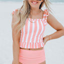  Pink Tie Shoulder Striped Cute Tankini Set