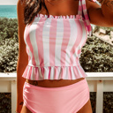  Pink Tie Shoulder Striped Cute Tankini Set