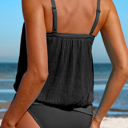  Black Striped Mesh Knotted Hem Tankini Swimsuit