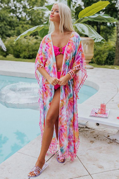 Multicolor Tassel Open Front Kimono/ Cover Up