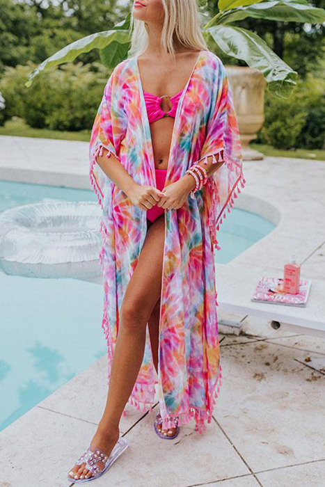 Multicolor Tassel Open Front Kimono/ Cover Up