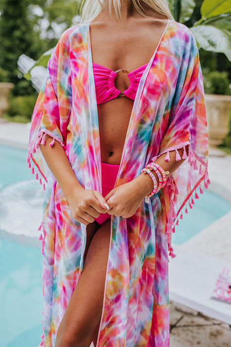 Multicolor Tassel Open Front Kimono/ Cover Up