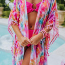  Multicolor Tassel Open Front Kimono/ Cover Up