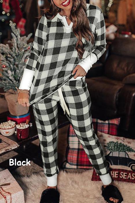 Plaid Long Sleeve Top and Pants Lounge Set