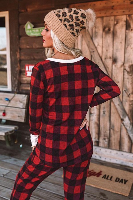 Plaid Long Sleeve Top and Pants Lounge Set