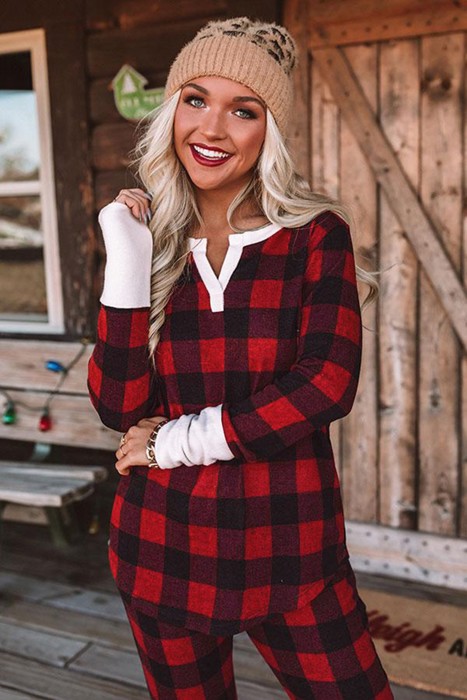 Plaid Long Sleeve Top and Pants Lounge Set