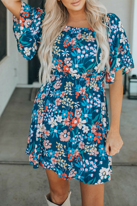 Blue Boho Floral Print Mini Dress