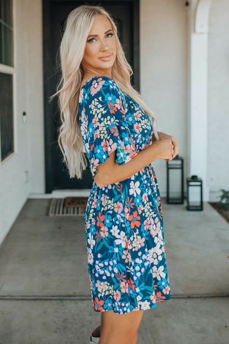 Blue Boho Floral Print Mini Dress