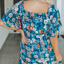  Blue Boho Floral Print Mini Dress