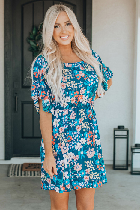 Blue Boho Floral Print Mini Dress