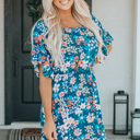  Blue Boho Floral Print Mini Dress
