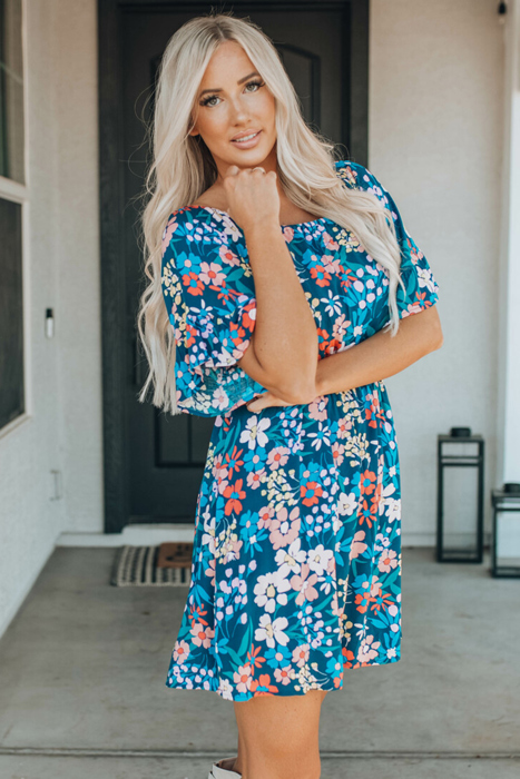 Blue Boho Floral Print Mini Dress