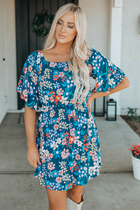 Blue Boho Floral Print Mini Dress